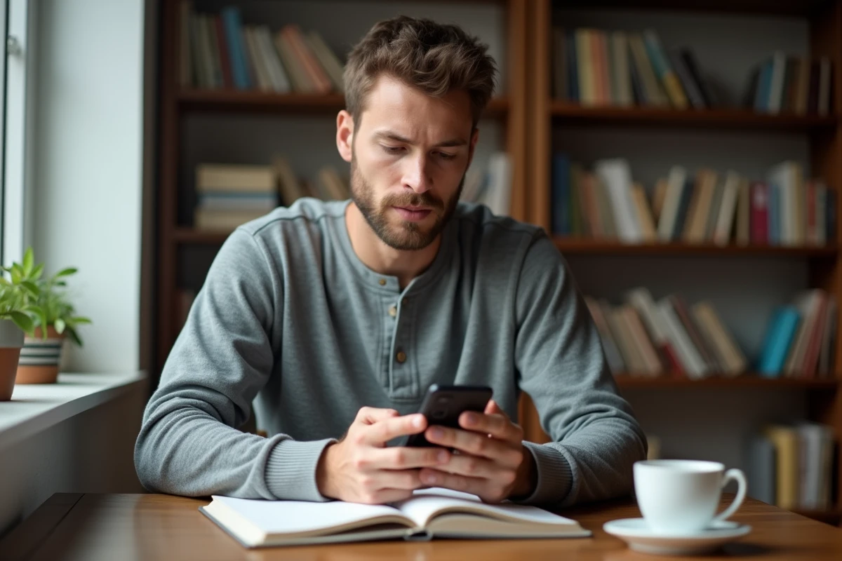 Homme pensif tenant son téléphone et réfléchissant à un message à envoyer, expression sincère et romantique