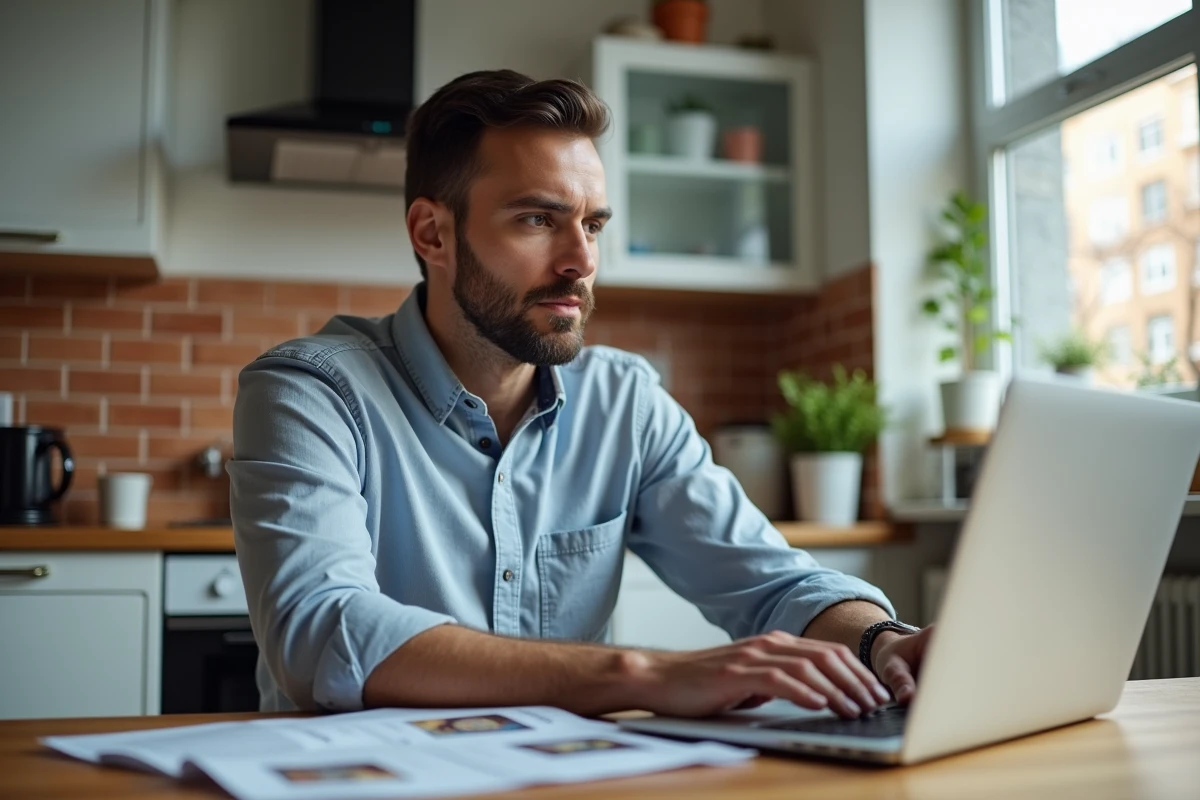Homme recherchant des annonces immobilières sur un ordinateur portable dans sa cuisine pour acheter un bien