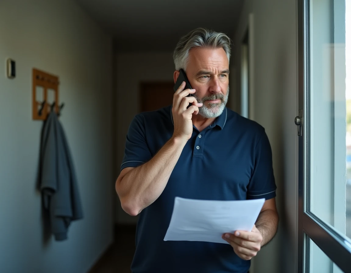 Homme relançant son bailleur par téléphone en tenant un courrier d'attribution de logement social