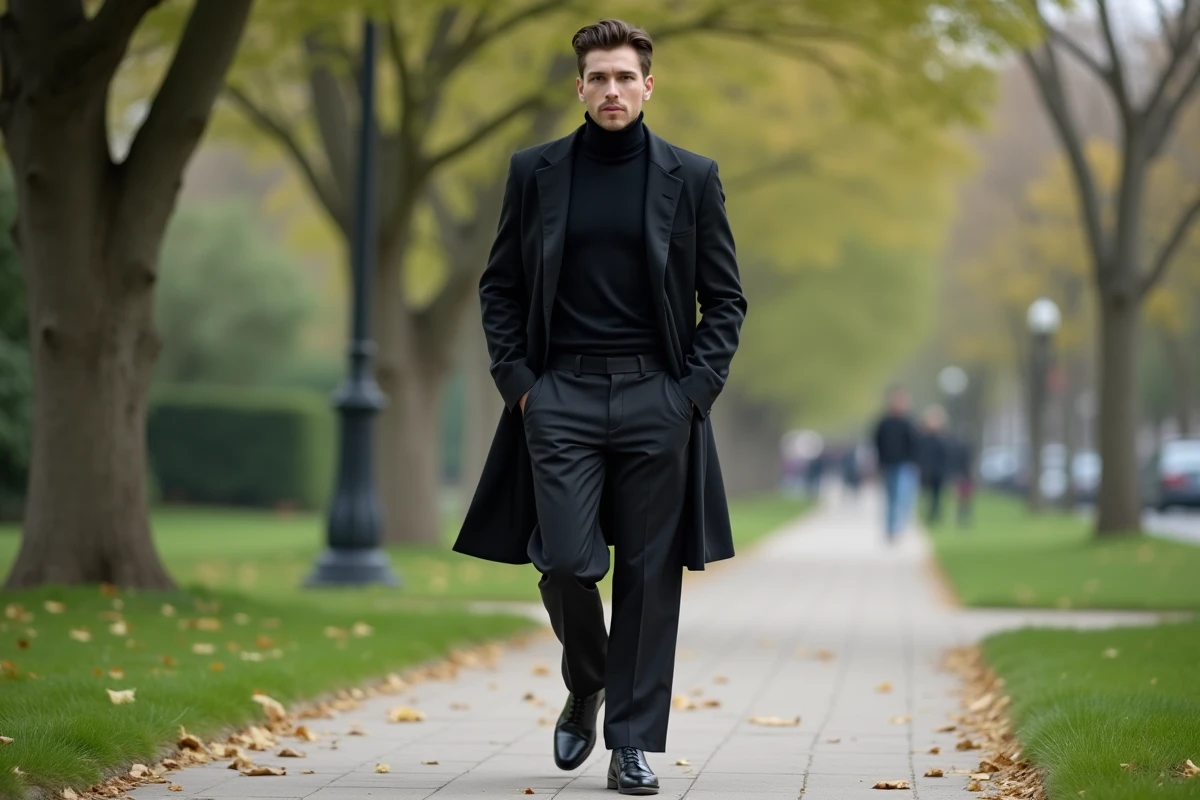 Homme confiant en tenue minimaliste dans un parc urbain