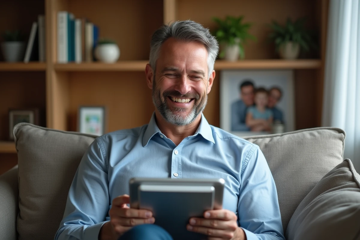 Homme d age moyen utilisant une tablette à la maison