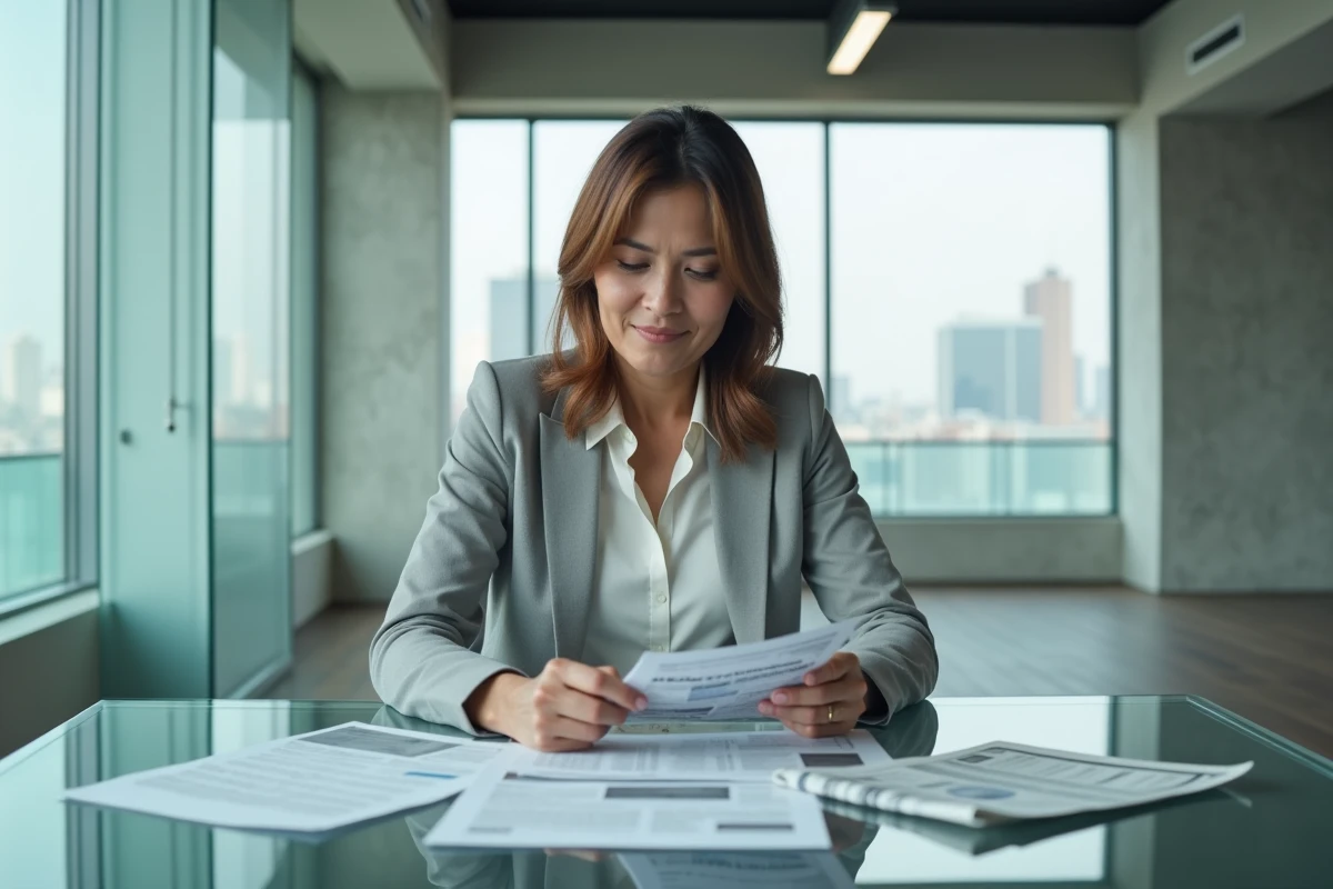 Femme d'affaires examinant des documents financiers et journaux boursiers dans un bureau moderne