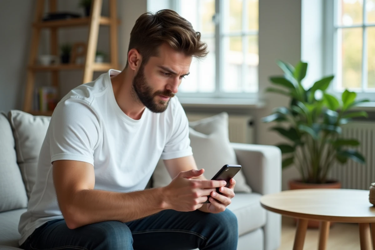 Jeune homme consultant une application boursière sur smartphone dans un salon contemporain