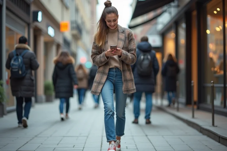Jeune femme en blazer à carreaux dans la ville