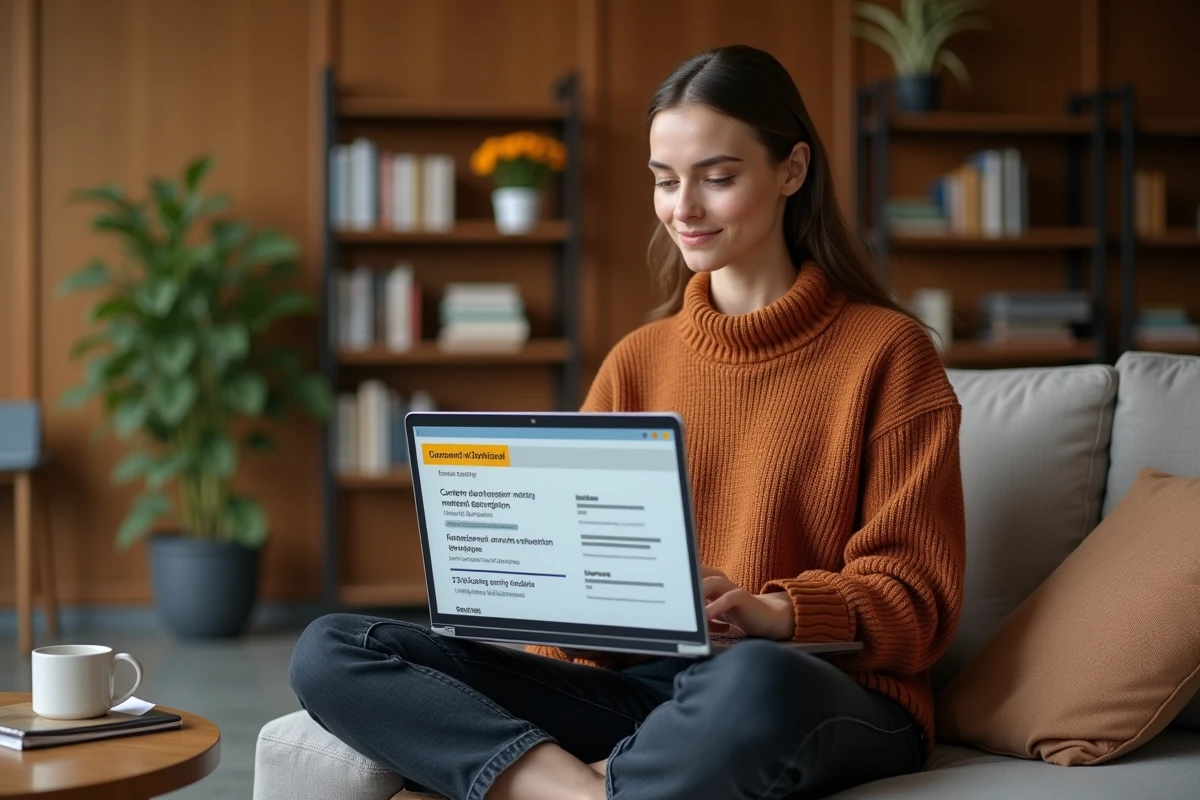 Une jeune femme optimisant du contenu pour le référencement naturel sur son ordinateur portable dans un espace de coworking