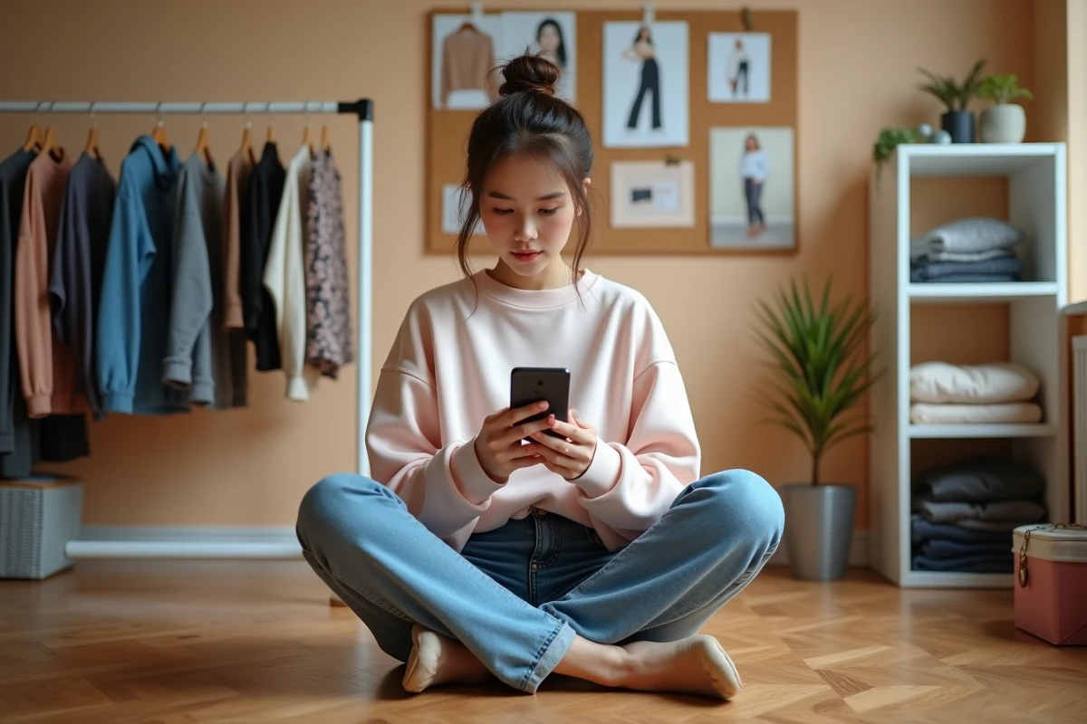 Jeune femme consultant les tendances mode sur son smartphone dans sa chambre entourée de vêtements et d'un moodboard