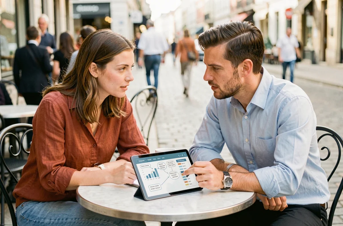 Deux jeunes entrepreneurs discutant d'une stratégie de business en ligne autour d'une tablette dans un café urbain