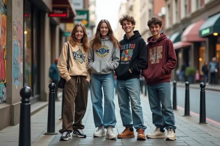 Groupe de jeunes adolescents en tenues streetwear et vintage dans une rue urbaine, exprimant leur identité à travers la mode