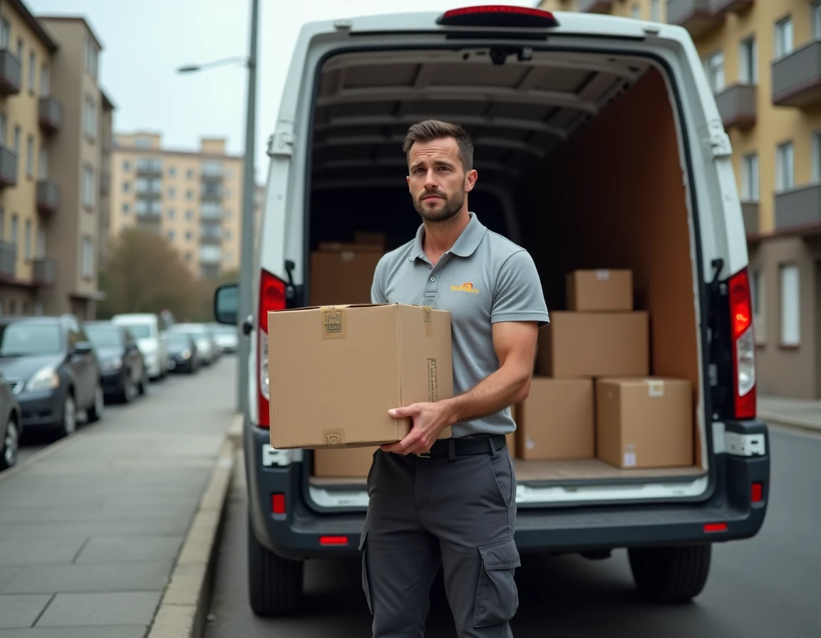 Livreur triant des colis devant un camion de livraison dans une rue urbaine, illustrant les défis logistiques de la livraison express e-commerce