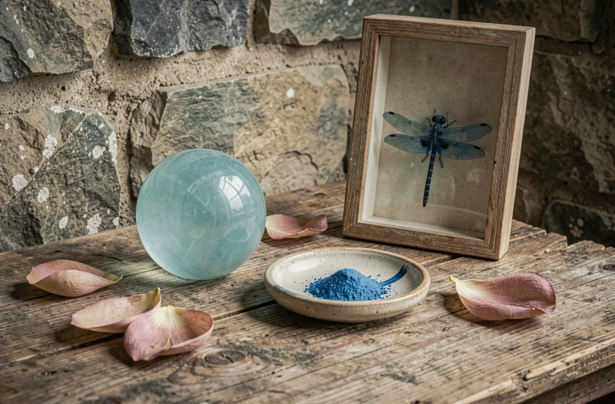 Nature morte avec cristal aquamarine, pétales de lotus et libellule bleue illustrant la symbolique spirituelle et énergétique