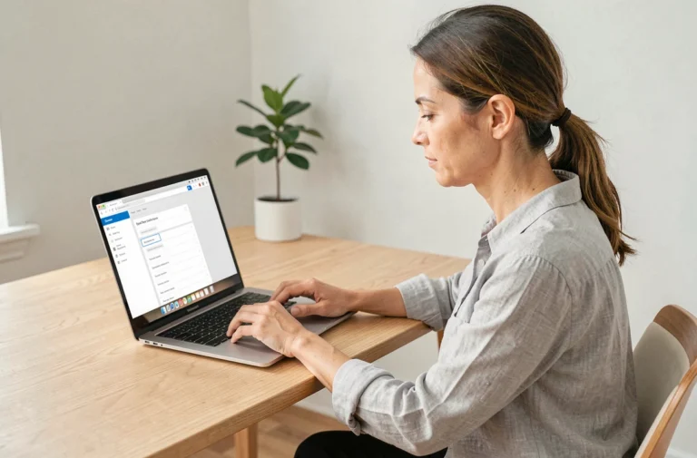 Femme naviguant sur un site web bien organisé depuis un bureau minimaliste en bois