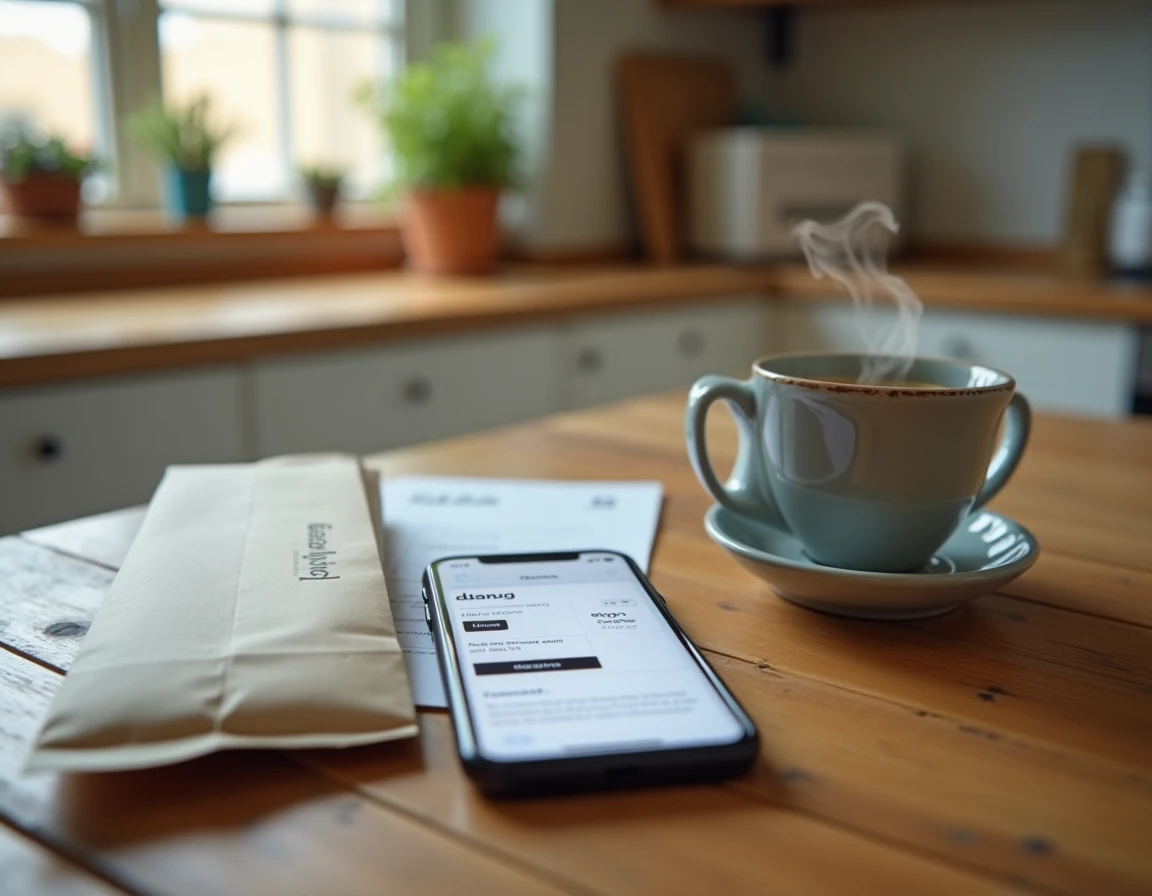 Téléphone affichant une notification de retard de livraison Asos posé sur une table en bois avec un sac shopping et une confirmation de commande imprimée