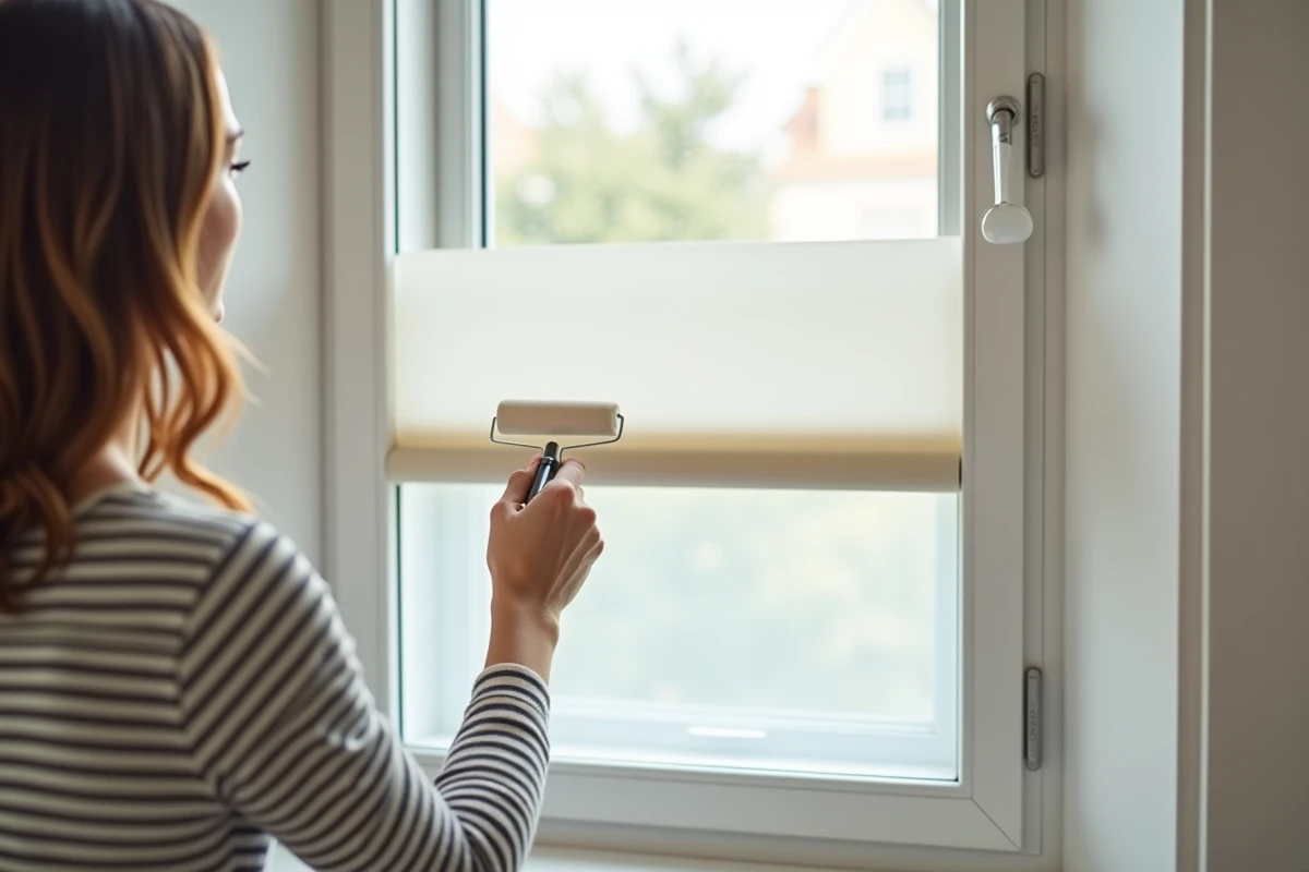 Application de peinture de fenêtre opacifiante repositionnable sur la partie inférieure d'une vitre résidentielle pour masquer les regards
