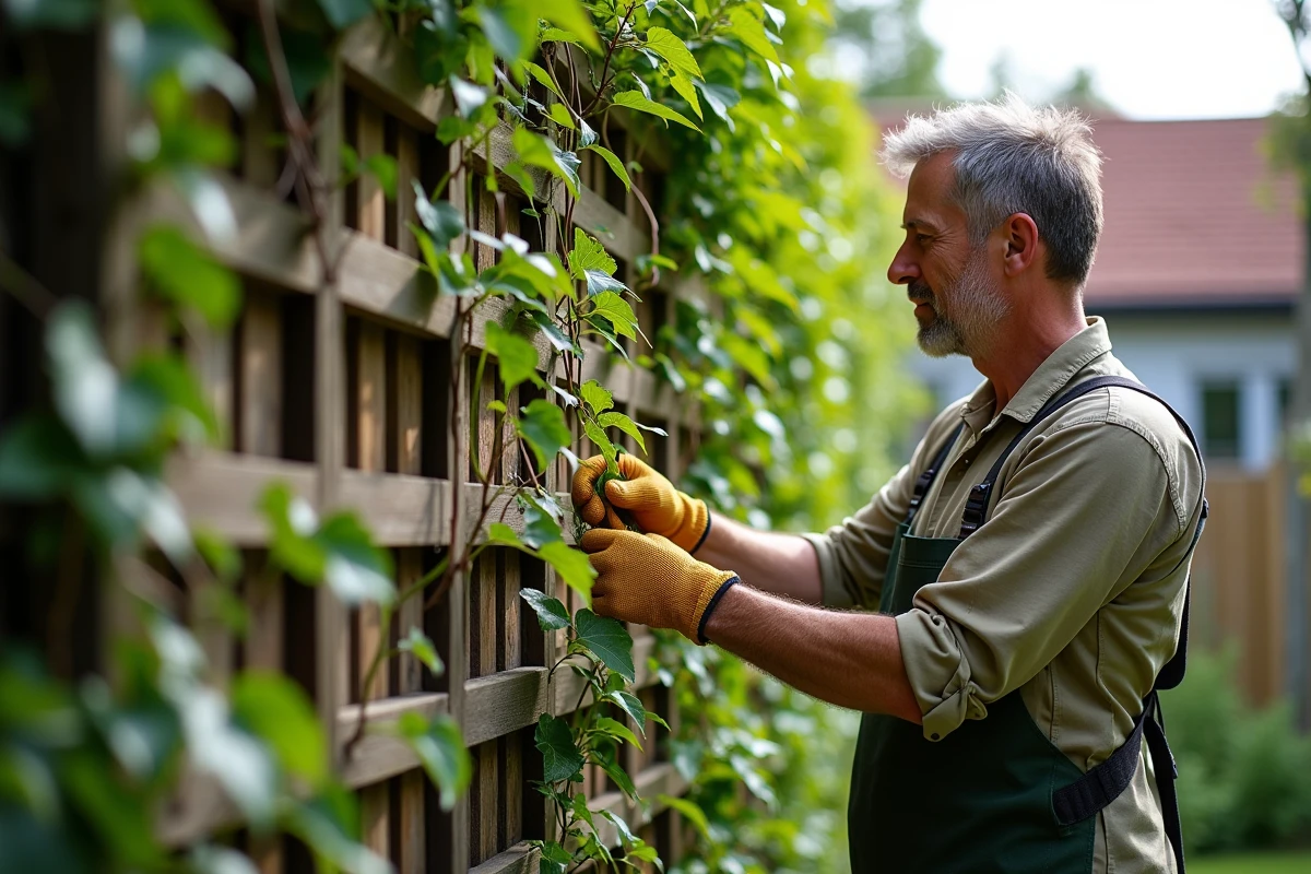 Plantes grimpantes sur treillage vertical installé contre un mur extérieur résidentiel formant un écran végétal naturel