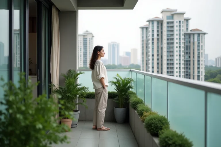 Femme sur un balcon d'appartement urbain moderne entouré de diverses solutions de protection contre les regards en hauteur