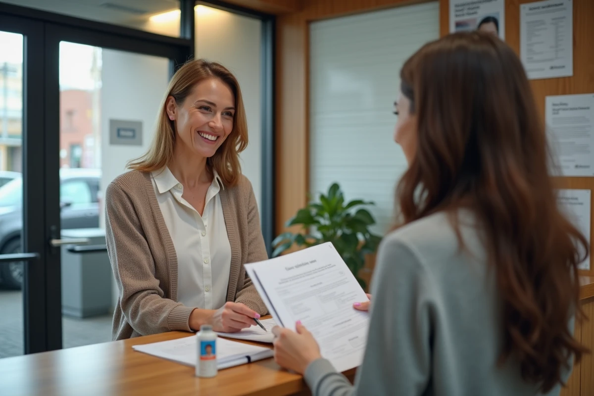 Femme discutant avec un agent à la réception moderne