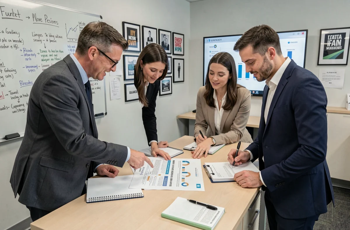 Équipe commerciale de trois professionnels analysant ensemble une présentation de vente lors d'une session de formation à la règle des 4x20 en salle de réunion moderne