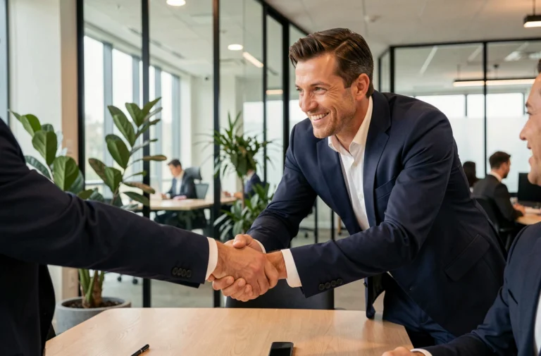 Homme d'affaires en costume marine serrant la main d'un client lors d'une première rencontre commerciale en open space moderne, illustrant la règle des 4x20