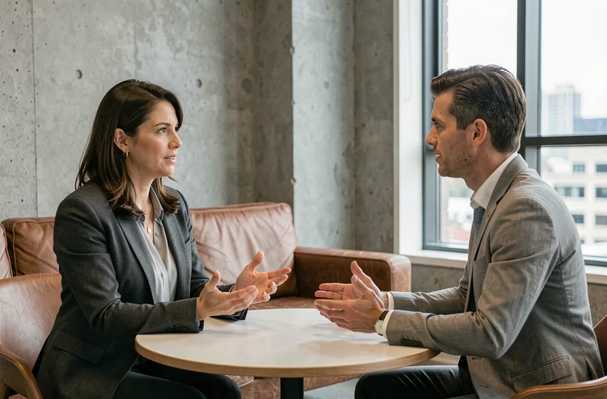 Commerciale en blazer gris échangeant avec un prospect autour d'une table dans un espace de coworking moderne, démontrant les techniques de communication de la règle des 4x20