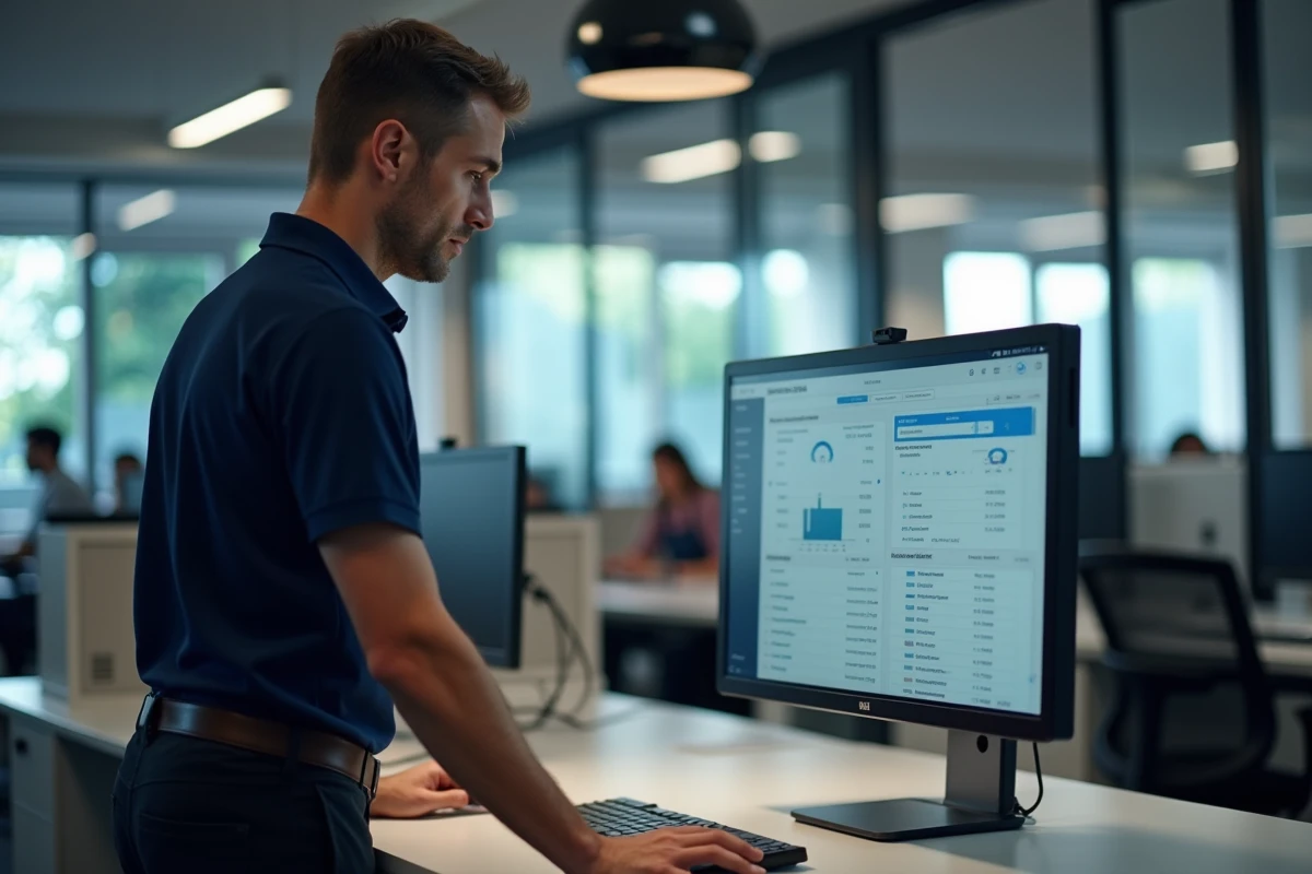 Responsable RH masculin naviguant sur un logiciel de gestion de bulletin de paie électronique en open space professionnel