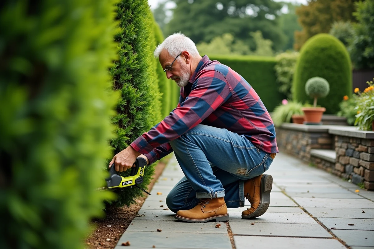 Homme utilisant un taille-haie sans fil Ryobi pour entretenir une haie de buis dans un jardin