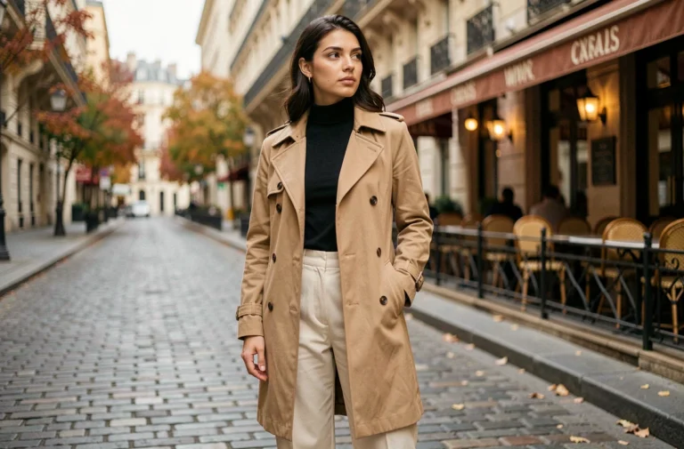 Jeune femme élégante en trench coat beige et pantalon large crème dans une rue pavée parisienne aux tons automnaux