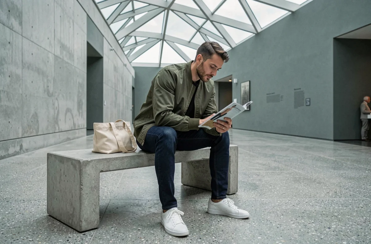 Homme stylé en bomber jacket olive feuilletant un magazine de mode assis dans un musée au design contemporain
