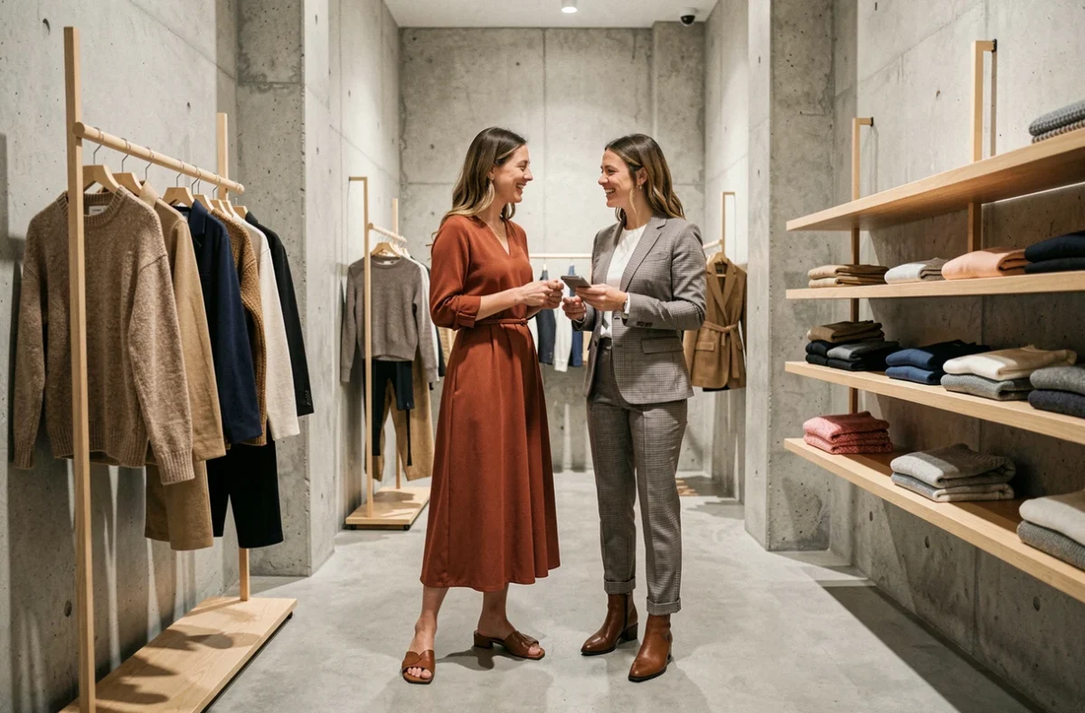 Deux femmes aux styles contemporains contrastés qui parcourent un concept store haut de gamme aux finitions en béton brut