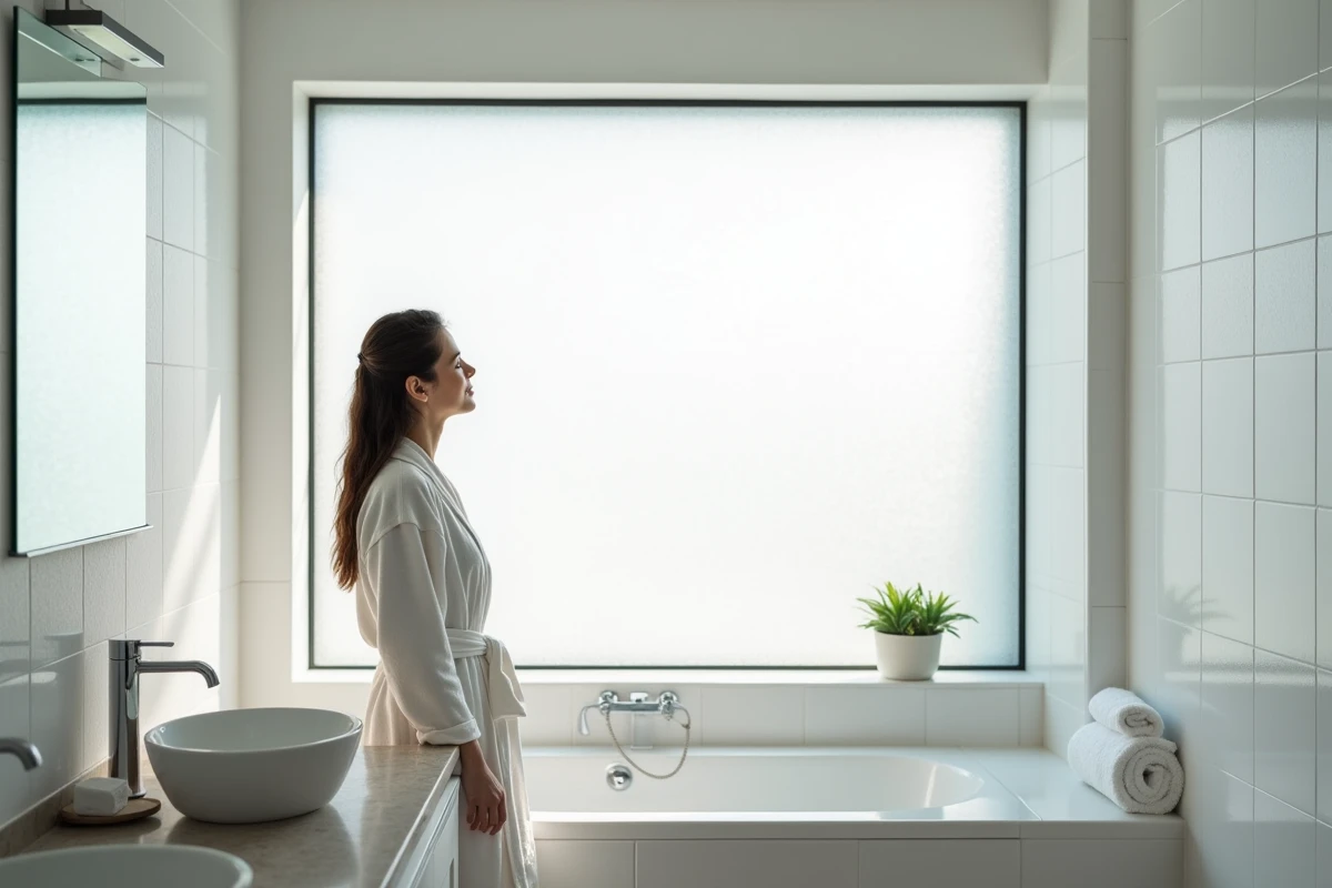 Fenêtre en verre dépoli ou vitrage opaque installée dans une salle de bain moderne offrant une solution définitive contre les regards