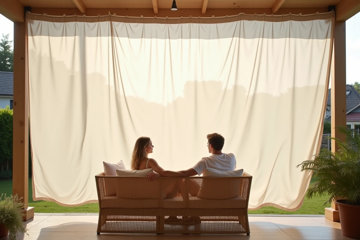 Voilage extérieur ou rideau de terrasse en tissu semi-transparent installé sur une terrasse résidentielle couverte offrant une intimité douce