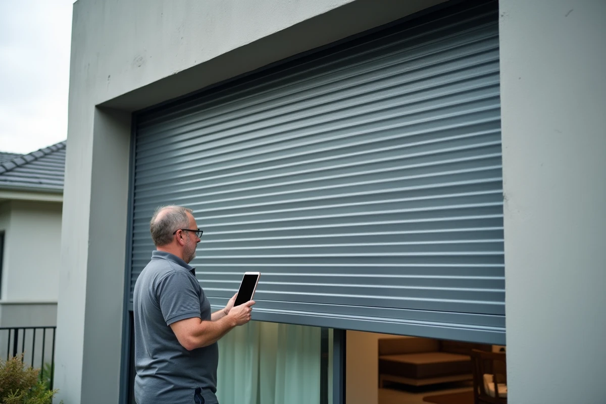 Volets roulants motorisés à lames orientables sur une façade résidentielle contemporaine contrôlés via une application domotique