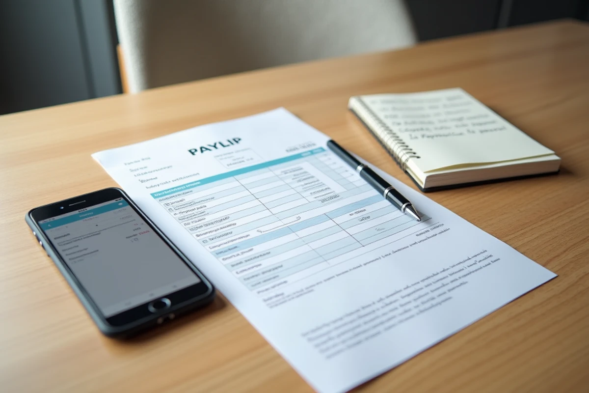 Vue de dessus d'un bureau avec bulletin de paie imprimé, smartphone affichant une application de paie numérique et annotations manuscrites